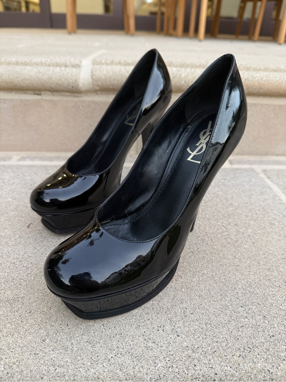 Yves Saint Laurent Black Patent Leather Sculpted Platforms